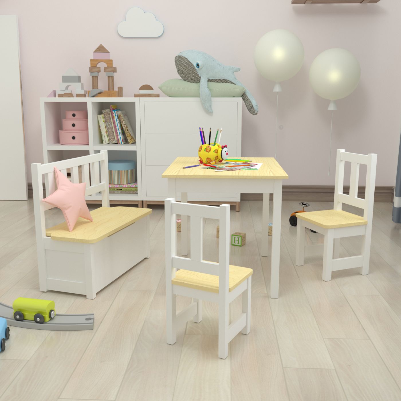 Staat Berg prinses en.casa] Kindertafel Lousame met 2 stoelen en 1 bank hout en wit | premiumXL