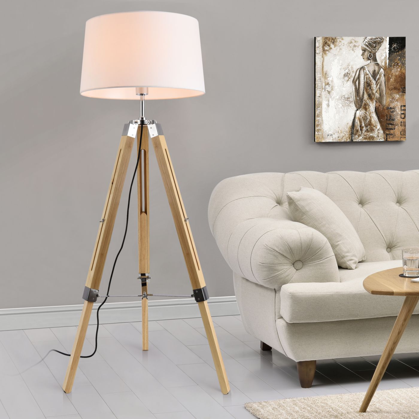 Staande lamp Karlsbad vloerlamp cm wit en hout E27 premiumXL