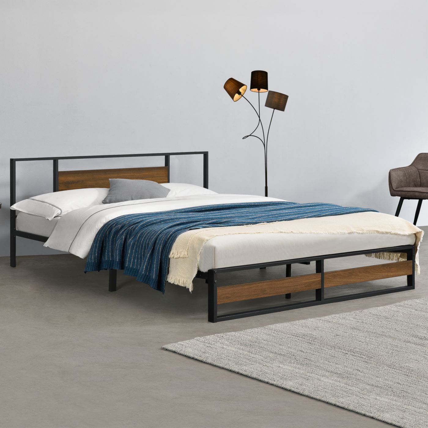 Metalen bed bedframe 180x200 cm zwart en walnoot | premiumXL