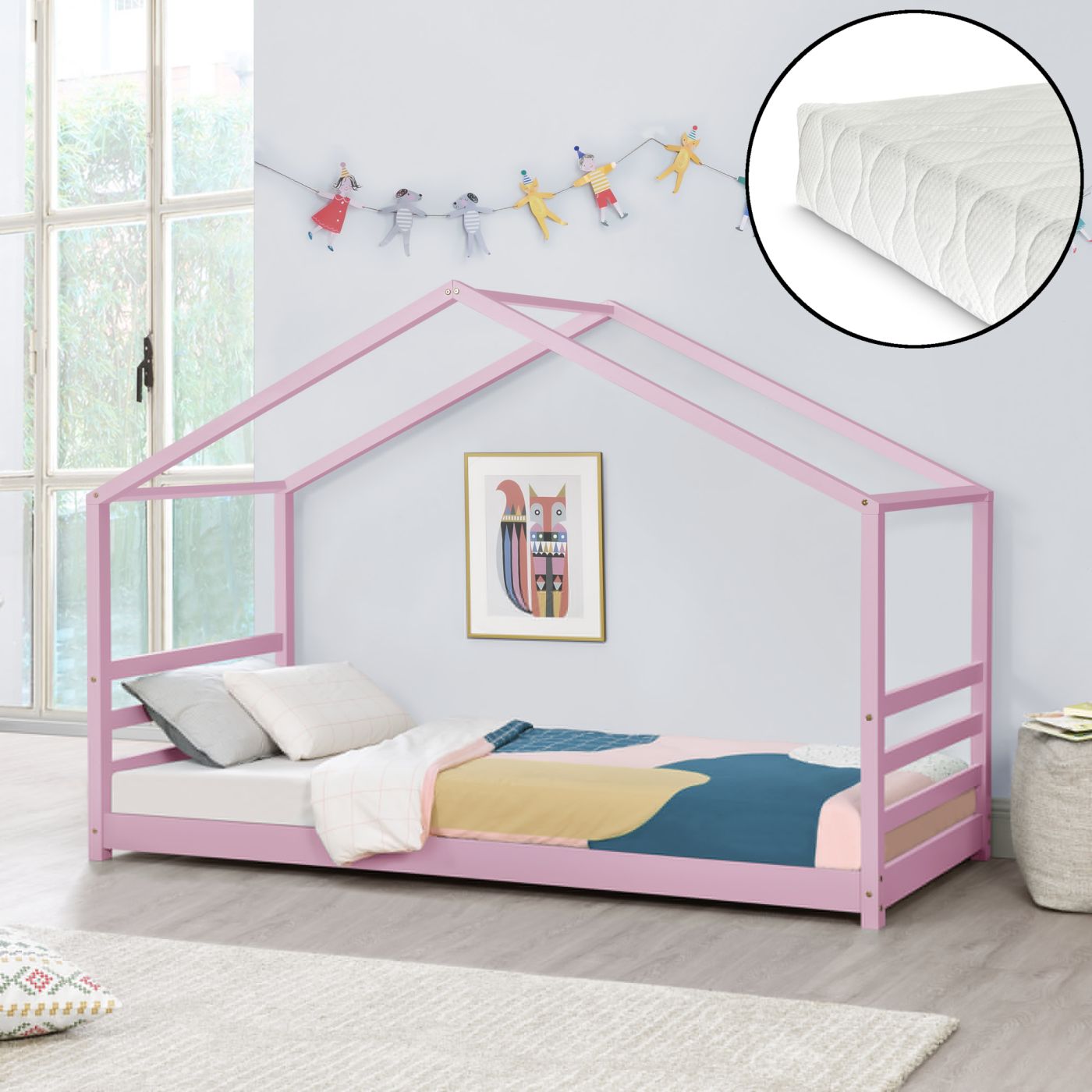 Prooi Behandeling Zee Kinderbed grenen huisbed incl. matras 90x200 cm roze | premiumXL