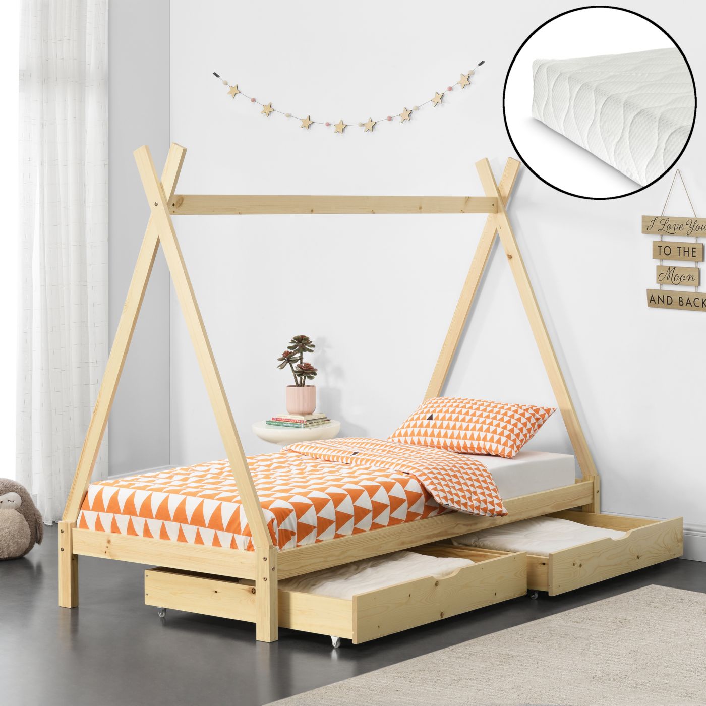lood Promoten Ongelofelijk Kinderbed Tipi met bedlades en matras 90x200 cm houtkleurig | premiumXL