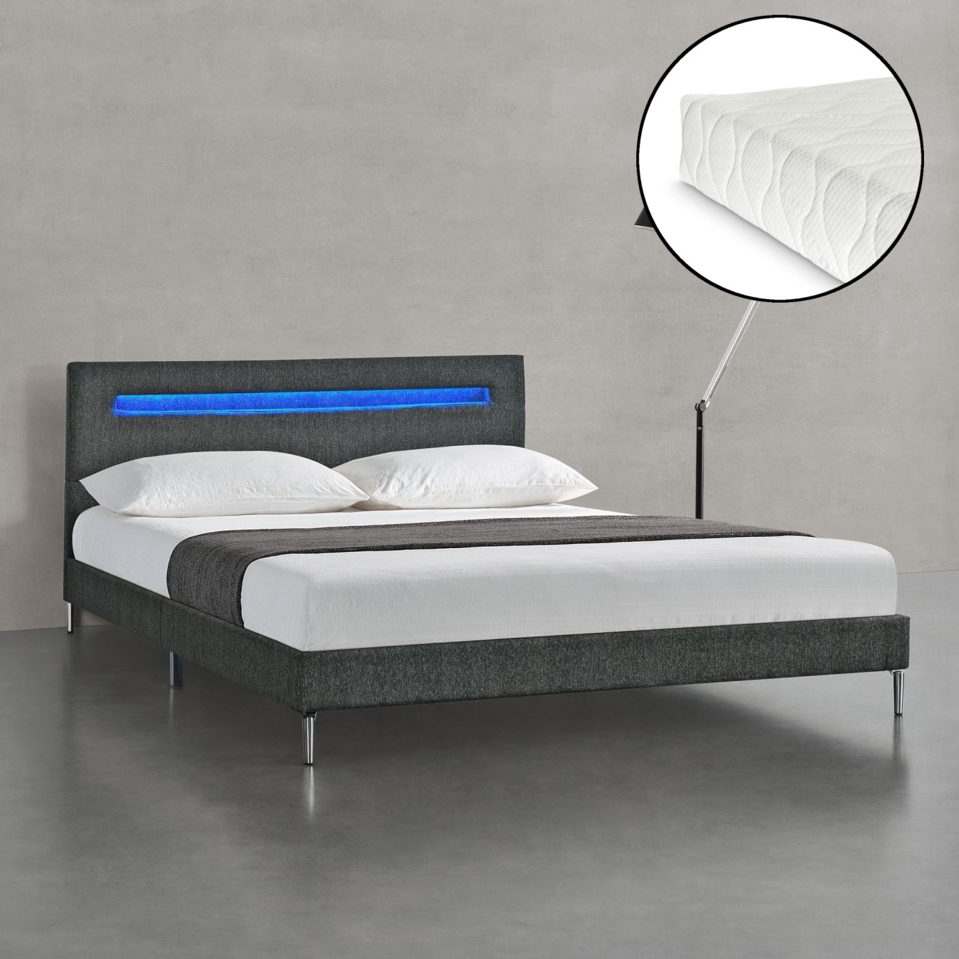 stromen halfrond kunstmest Bed Taastrup met LED-verlichting matras 140x200 donkergrijs | premiumXL