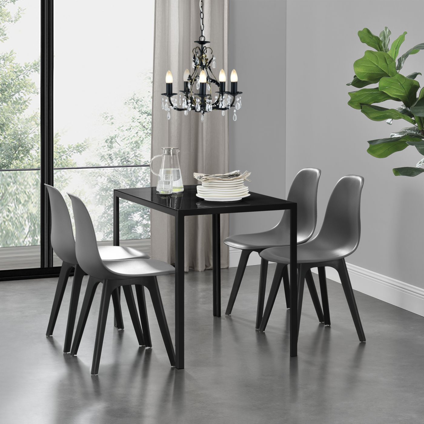 Eethoek Delft glazen eettafel met 4 stoelen zwart en grijs premiumXL