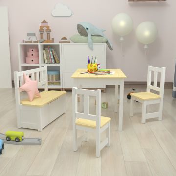 [en.casa] Kindertafel Lousame met 2 stoelen en 1 bank hout en wit