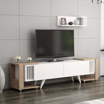 [en.casa] TV meubel met wandplank en 2 bijzettafels Glostrup Eiken en wit
