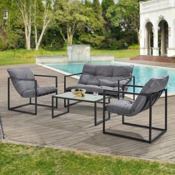 Dallas 4-delige tuinset tafel zitbank 2x stoelen zwart en grijs