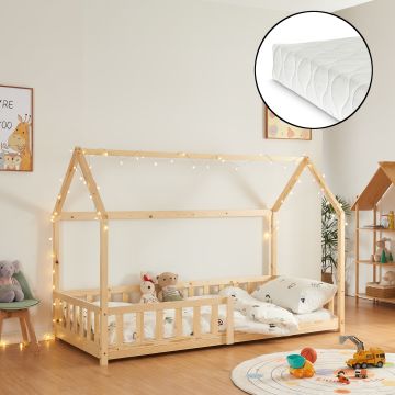 Kinderbed Hesel huisbed met matras en uitvalbeveiliging 90x200 cm houtkleurig [en.casa] [neu.haus]