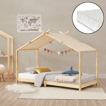 Kinderbed Brome huisbed met matras 90x200 cm houtkleurig en beige