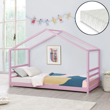 Kinderbed grenen huisbed incl. matras 90x200 cm roze