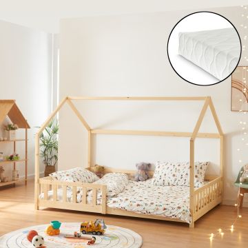 Kinderbed Hesel huisbed met matras en uitvalbeveiliging 140x200 cm houtkleurig [en.casa] [neu.haus]