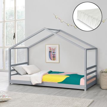Kinderbed met bedbodem en matras huisbed 90x200 cm grijs