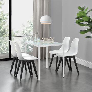 Eethoek Delft glazen eettafel met 4 stoelen wit en wit/zwart