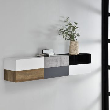 Wandplank met lade set van 6 zwart wit hout beton grijs wit mat