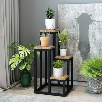 [en.casa] Plantenstandaard Ameland 67x34x34 cm zwart en houtkleurig